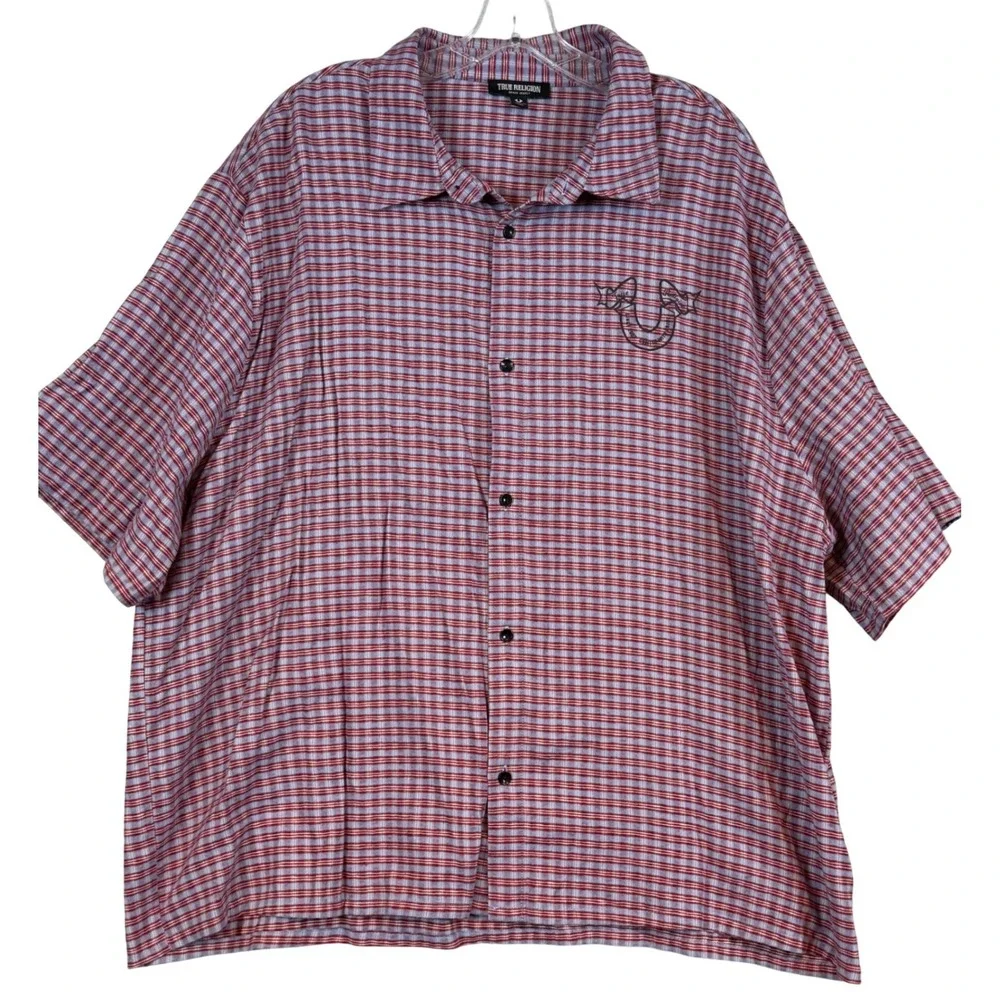 True Religion Mens 2XL Plaid Short Sleeve Button Down World Tour Graphic Shirt